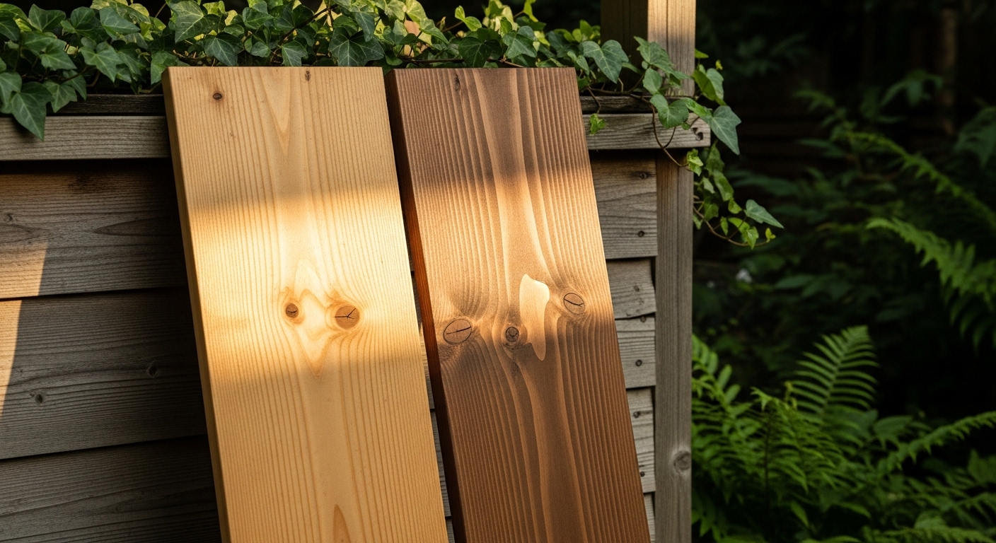 Srovnání bezbarvé a hnědé tlakové impregnace dřeva na borovicových prknech