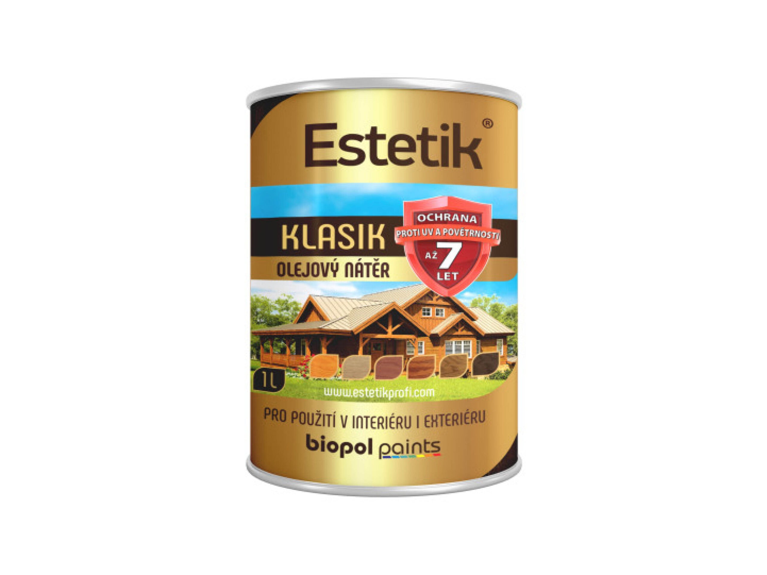 Estetik Klasik olejový nátěr s tlakovou impregnací, ochrana proti UV a povětrnosti, vhodný pro dřevo s tlakovou impregnací.
